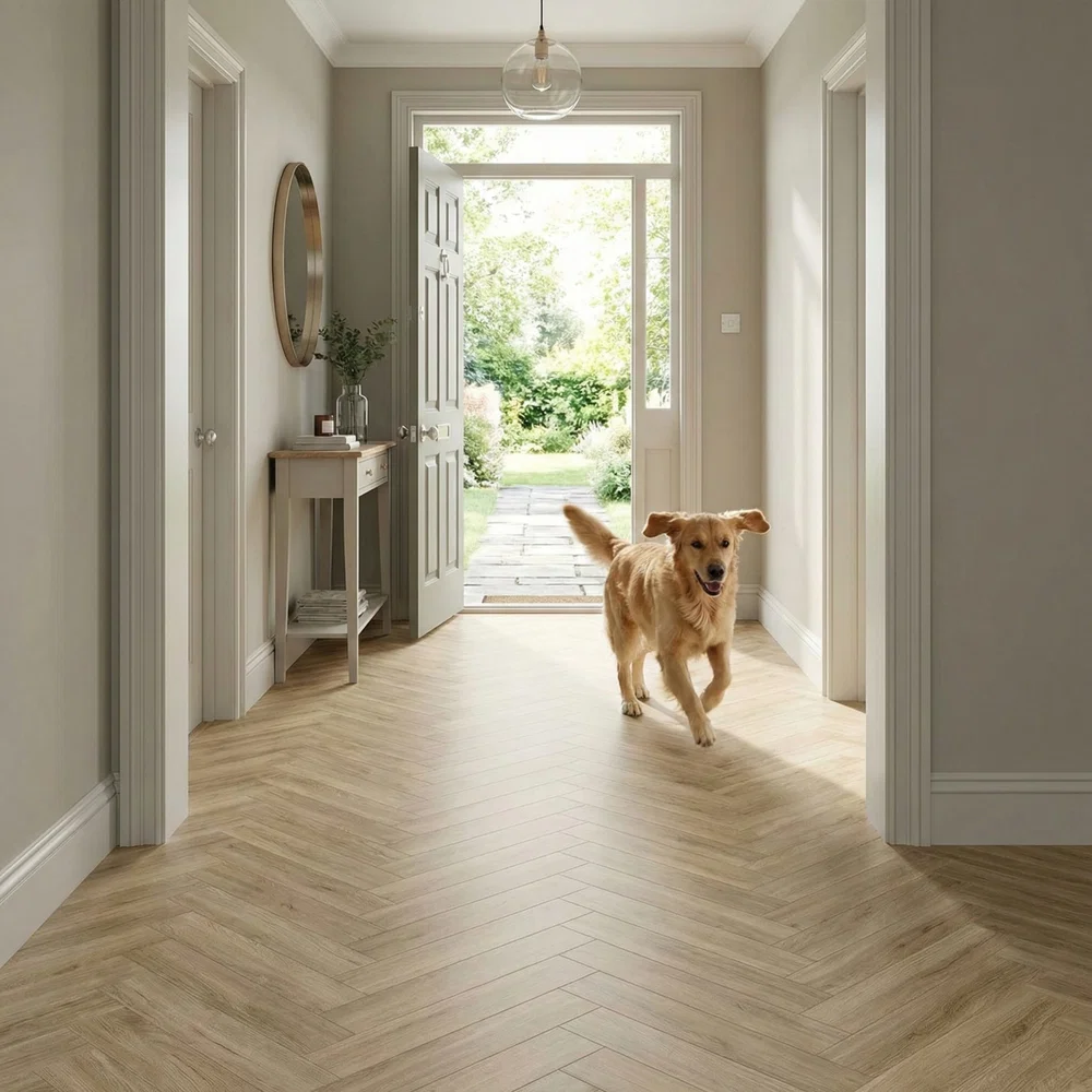 Herringbone oak flooring in a bright hallway