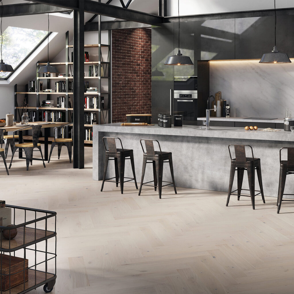 Timba Floor Loc Engineered Herringbone – Brushed White Lacquer Oak